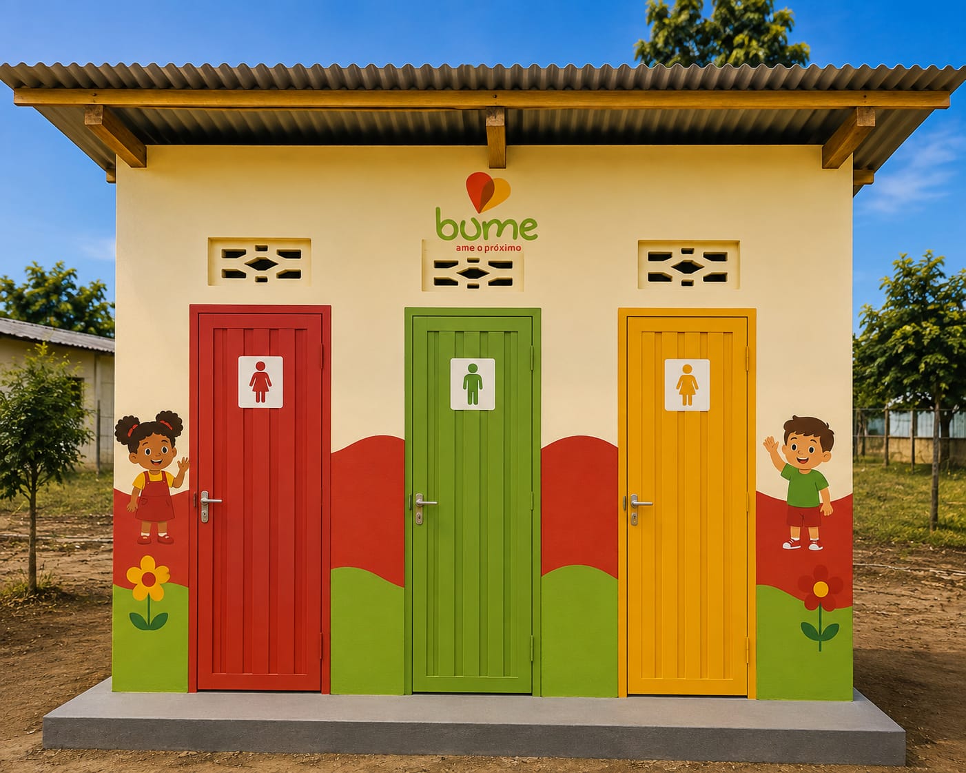 Representação criada por inteligência artificial de três banheiros coloridos para a Bume